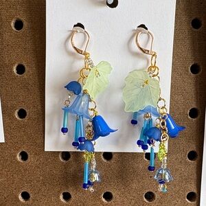 Hand Crafted Blue and Pale Green Floral Dangle Earrings